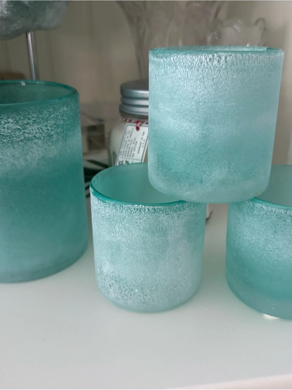 4-Pc West Elm Turquoise Seaglass Frosted Glass Candle Holders - Pottery Barn